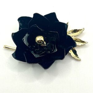Vintage Coro Black Enamel Rose Brooch Large Gold Tone Flower Pin